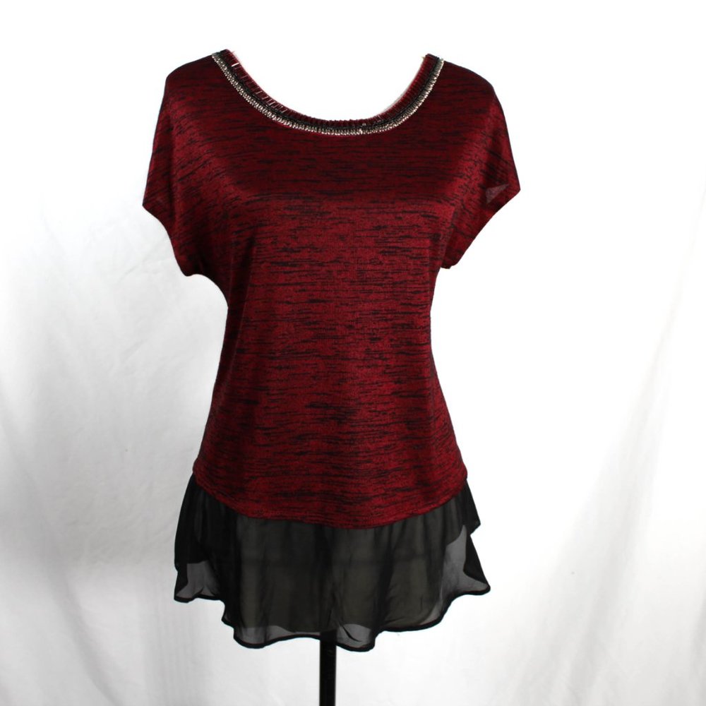 Classic Chic Red and Black Blouse with Beading and Chiffon Trim